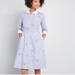 Blue Striped Dress with Floral Embroidery